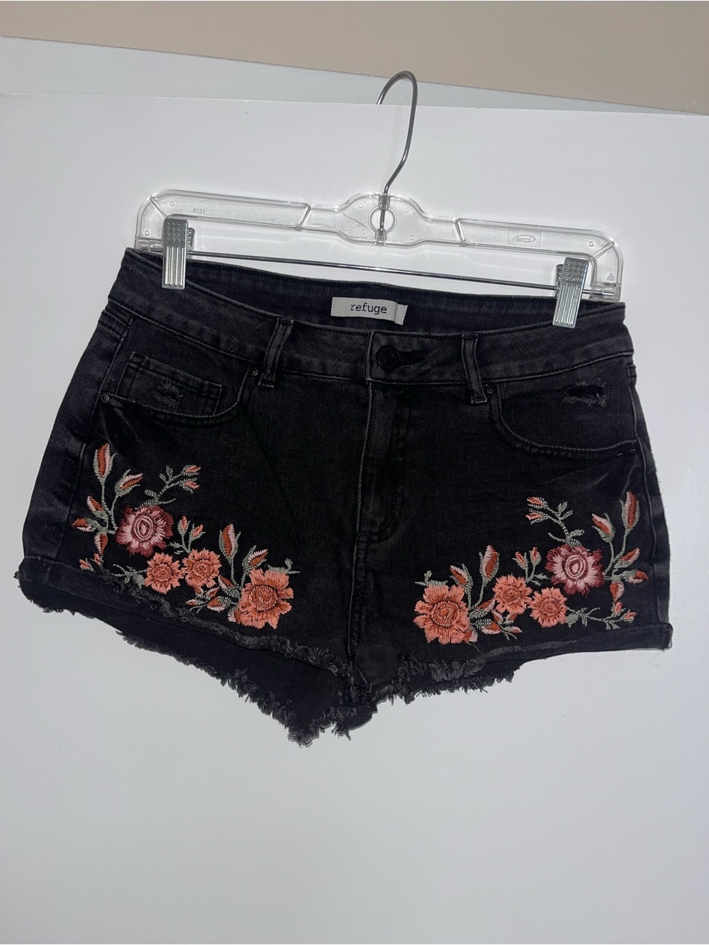 Refuge Black Denim Shorts with Coral and Pink Floral Embroidery